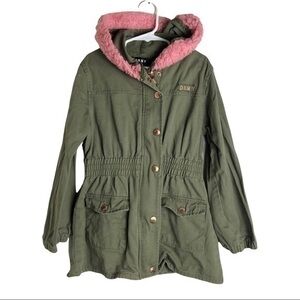 DKNY Green Pink Hooded Faux Fur Sherpa Trim Utility Jacket Girls Size 8